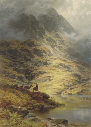 Artwork by Charles Stuart, The Incoming Mist, Deer in the Highlands, Made of oil on canvas laid down on board Red Stag, Mountain Landscape Painting, Hudson River School, Theme Nature, Drawings Ideas, Historical Artwork, Peace Art, Deer Art, Scottish Art