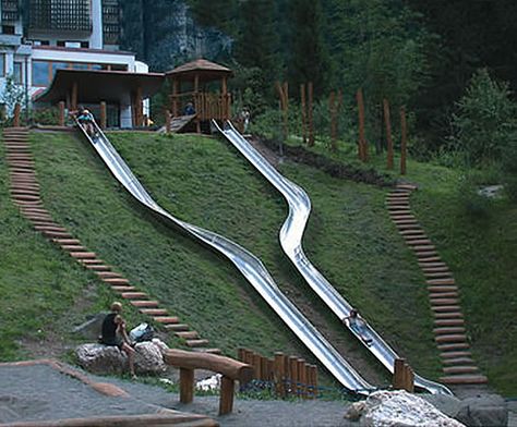 Backyard Slide, Sloping Garden, Outdoor Slide, Sloped Backyard, Garden Border, Garden Modern, Yard Landscape, Hillside Landscaping, Garden Plan