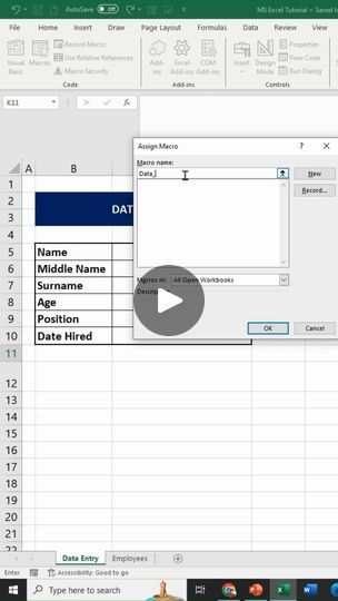 22K views · 725 reactions | Create Efficient Data Entry Forms in Excel with Record Macro! | Boost Your Excel Skills! 

Learn how to create a data entry form in Excel using the Record Macro feature. Simplify your data entry process and save time... | By Marcus Andreno | Try your first macro with this
data entry form. First, go to the developer tab. Click insert
and then button. Paste and name your button. Click okay. Then
rename it to save button. Copy your header to another sheet.
And organize your table. Go back to the data entry sheet
and type the information. Go to the developer tab then
click record macro. Name your macro and click okay. Copy the
information you typed earlier. Then go to the other employees
worksheet. Place your cursor in column G. Press control plus
down. Control plus Data Entry Excel Sheet, Excel Skills, Computer Hacks, Work Tips, Button Click, Hacking Computer, Data Entry, Page Layout, Save Time