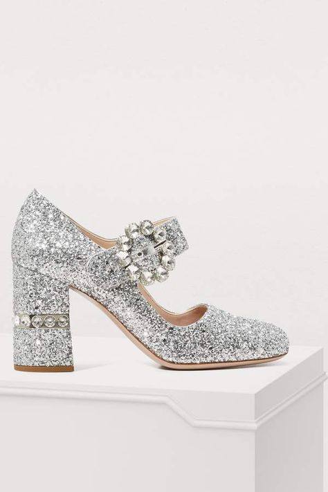 Miu Miu Mary Jane pumps, sparkly silver mary janes, sparkly pumps, glitter heels, silver high heels Miu Miu Mary Jane, Glitter Tights, Sparkly High Heels, Sparkly Pumps, Silver Glitter Heels, Trendy Heels, Heels Silver, Silver High Heels, Sparkle Shoes