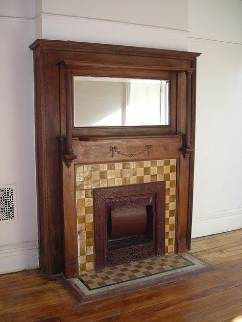 Bed Stuy mantle the owner stripped. Mantels With Mirror, Fireplace Mantels Wood, Craftsman Fireplace Ideas, Farmhouse Fireplaces, Victorian Fireplace Mantels, Victorian Fireplace Tiles, Mantel Inspiration, Dollhouse Fireplace, Wooden Fireplace Surround