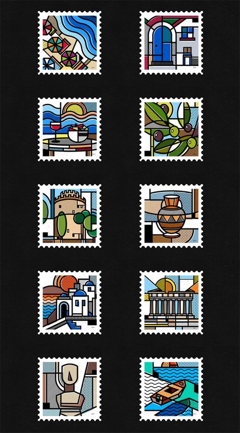 Destination Greece, a stamp collection by Mike Karolos. Easy Disney Drawings, Postage Stamp Design, 패턴 배경화면, Stamp Collection, Stamp Projects, Book Design Layout, Doodle Designs, Post Stamp, Design Stamps