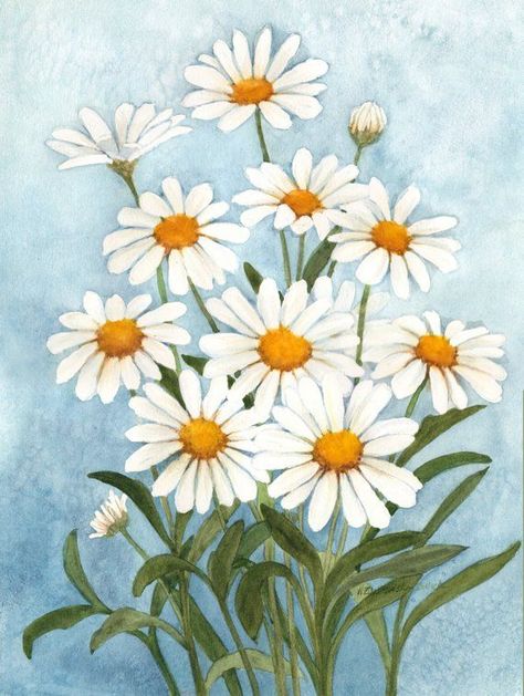 Easy Flower Painting, Daisy Art, Garden Watercolor, Daisy Painting, White Daisies, Cat Air, 수채화 그림, Water Colors, Oil Painting Flowers