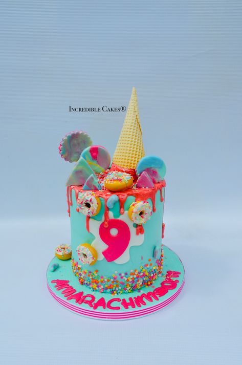 Ice cream, sweets and doughnuts drip cake for 9 year olds Birthday Cakes For 9 Year Girl, 9 Year Birthday Cake, 9th Birthday Cake For A Girl, Cheetah Birthday Cakes, Birthday Cakes Girls Kids, Tier Birthday Cake, Cake Designs For Girl, Twin Birthday Cakes, 9th Birthday Cake