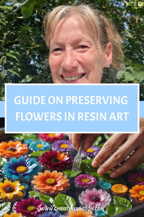 Woman smiling over resin art project with colorful preserved flowers and text "GUIDE ON PRESERVING FLOWERS IN RESIN ART". Dried Flower Epoxy Resin, Pressed Flower Resin Art, Art With Flowers, Preserving Flowers, Preserve Flowers, Epoxy Resin Projects, Flower Farming, Flowers In Resin, Skull Crafts