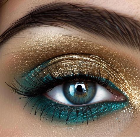 Turquoise And Gold Eye Makeup, Blue Eyes Gold Eyeshadow, Peacock Eyeshadow, Peacock Eye Makeup, Turquoise Makeup, Peacock Eyes, Green Wedding Decorations, Gold Eye Makeup, Eye Drawing Tutorials