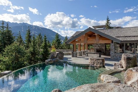 Cabin Pool Ideas, Rustic Swimming Pool Designs, Mountain House With Pool, Mountain Home With Pool, Mountain Pool Ideas, Mountain Swimming Pool, Rustic Pool Ideas, Rustic Backyard Landscaping, Rustic Swimming Pool