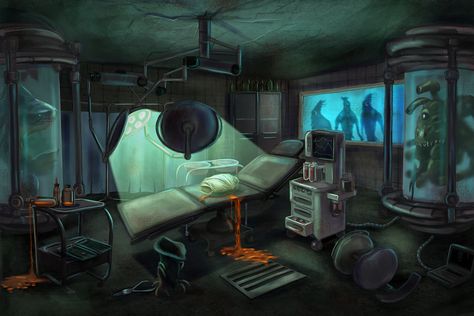 The interior of the science laboratory / operating room in the horror style.,  on ArtStation at https://www.artstation.com/artwork/WBDo6X Horror Laboratory, Science Room, Laboratory Design, Science Laboratory, Operating Room, Laboratory Science, Book Writing, The Science, Art Sketches