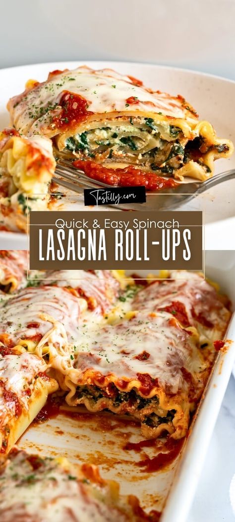 Quick & Easy Spinach Lasagna Roll-Ups - Tastilly No Meat Lasagna Roll Ups, Lasagna Rolls Recipe With Ricotta, Spinach Lasagna Roll Ups Recipe, Lasagna Roll Ups Easy, Lasagna Vegetable, Spinach Lasagna Roll Ups, September Meals, Easy Spinach Lasagna, Spaghetti Dishes