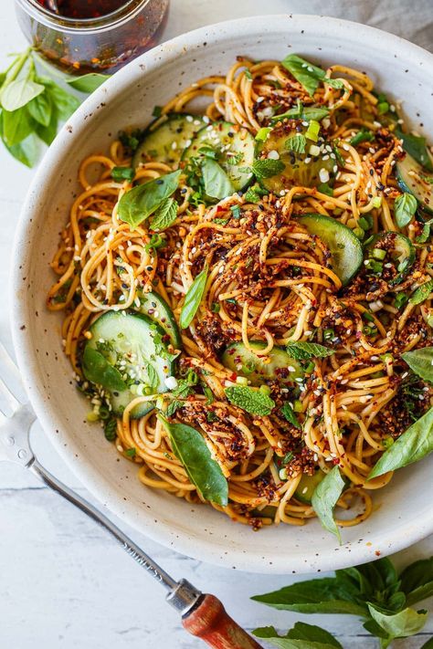 Spicy Spicy Cold Noodle Salad | Feasting At Home Salad With Chili, Cold Noodle Salad, Vietnamese Noodle Salad, Salad With Cucumber, Vegetarian Asian, Noodle Salad Cold, Feasting At Home, Cucumber Noodles, Curried Lentil Soup