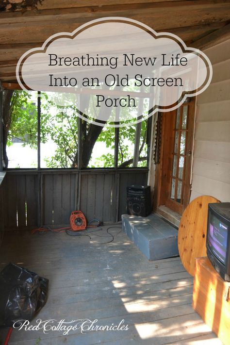 Breathing New Life Into an Old Screen Porch - This 20+ year old screen room was suffering from wood rot and water damage to the roof.  Time to take it down and make what was old, new again! Come follow our progress at redcottagechronicles.com Old Screened In Porch, Farmhouse Enclosed Porch, Update Screened In Porch, Paint Screened In Porch, Screen Porches Ideas, Screen Room Flooring Ideas, Decorate A Screened In Porch, Porch Refresh, Porch Wall Ideas