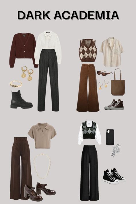 Fall Outfit Academia, Dark Academia Cozy Outfit, Outfit Inspirations Dark Academia, How To Dress Dark Academia In Summer, College Outfits Dark Academia, Dark Academia Aesthetic Outfit Gender Neutral, 90s Dark Academia Fashion, Business Casual Outfits Dark Academia, Dark Academia Outfit Ideas For School