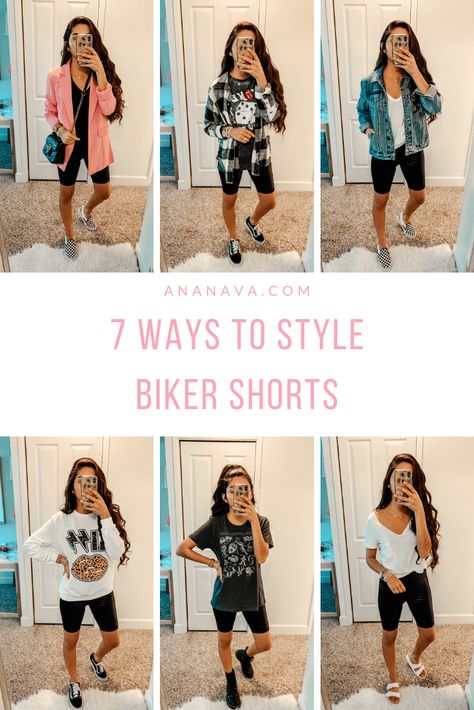 Biker Shorts Outfit Shoes, Bike Shorts Fall Outfit, Cute Outfit With Biker Shorts, Shoes To Wear With Biker Shorts, How To Wear Biker Shorts Casual, Look Biker Shorts, Biker Shorts Fall Outfit, How To Style Biker Shorts Summer, How To Wear Biker Shorts