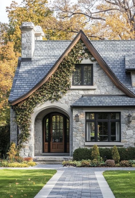 Home Exterior European Style, Roof Between House And Garage, Modern Lake Cottage Exterior, Scottish Stone House, Mountain Stone House, Rustic Stone House Exterior, French Country Stone Exterior, Facade Architecture Design House, Corner Windows Exterior