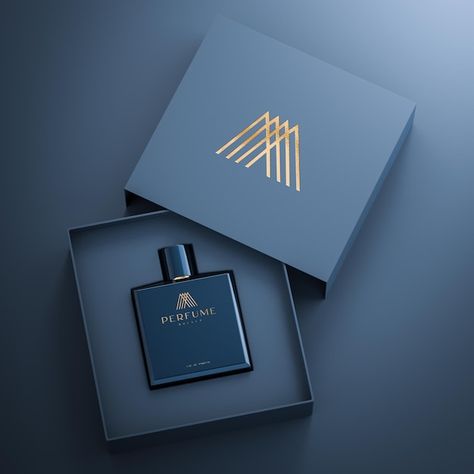 Navy luxury perfume bottle and box logo ... | Premium Psd #Freepik #psd #spray-mockup #spray-bottle #product-branding #cosmetic-bottle Sillage Perfume, Luxury Perfume Packaging, Perfume Logo, Perfume Bottle Design, Perfume Box, Perfume Packaging, Luxury Cosmetics, Sample Box, Bottle Box