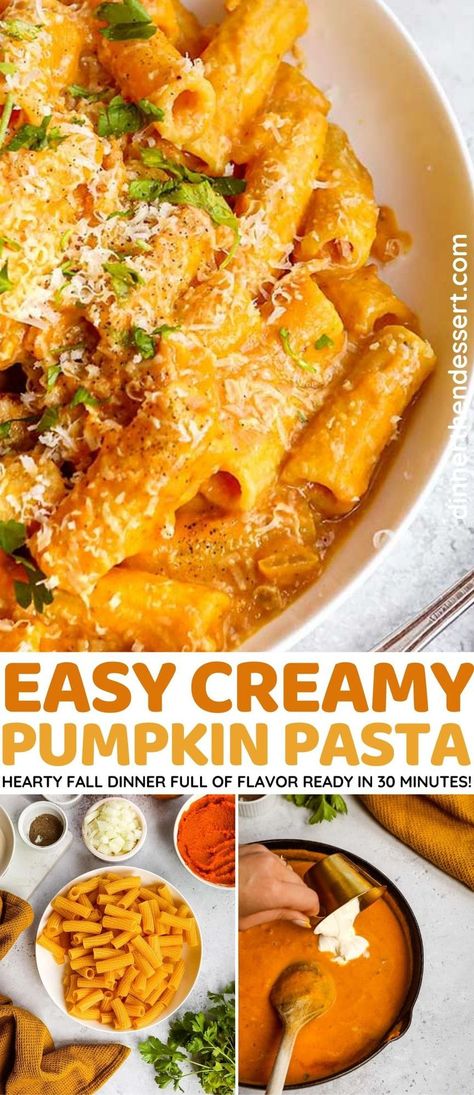 Creamy Pumpkin Pasta is delicious, easy comfort food. One-pot pumpkin sauce made with pumpkin puree, chicken broth, heavy cream, and nutmeg. Pasta And Pumpkin Recipe, Healthy Heavy Cream Recipes, Dinners With Pumpkin Puree, Food To Make With Pumpkin, Ideas For Pumpkin Puree, Pumpkin Pasta With Chicken, Easy Pumpkin Pasta Sauce, Pumpkin Dinners Healthy, Cook With Pumpkin