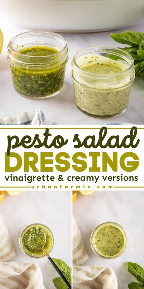 You'll love this basil pesto salad dressing! This salad dressing recipe is also great for pasta or even as a marinade. You can even turn this homemade condiment into a creamy pesto dressing or a pesto vinaigrette! Basil Garlic Salad Dressing, Basil Pesto Vinaigrette Recipe, Basil Olive Oil Dressing, Avocado Lemon Dressing, Basil Pesto Salad Dressing, Basil Pesto Dressing Recipe, Basil Pesto Dressing, Pesto Caesar Dressing, Sweet Basil Vinaigrette Dressing