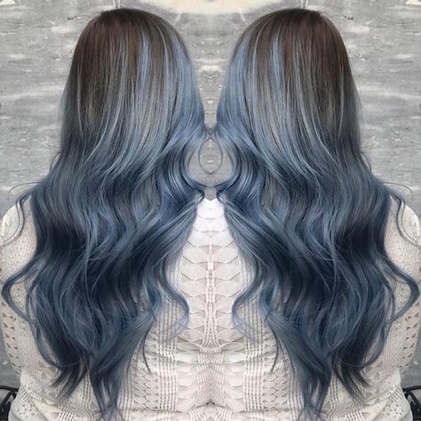 Denim Blue Highlights In Brown Hair, Light Blue Balayage, Balayage Blue Hair, Blue Hair Balayage, Denim Blue Hair, Blue Balayage, Icy Blue Hair, How To Bayalage Hair, Denim Hair