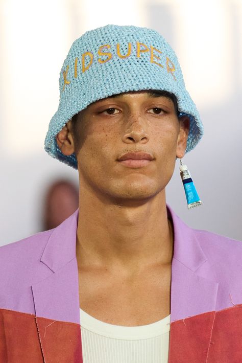 Kidsuper Studios Spring 2023 Men's Fashion Show Details Fashion Show | The Impression Hat Trends 2024, Crochet Bucket Hat Men, Fashion Trends 2023 Men, Hat Summer Outfit, Crochet Bucket Hat Free Pattern, Easy Crochet Bucket Hat, Kidsuper Studios, Mens Summer Hats, Shabby Chic Clothes