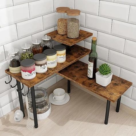 How to organize your kitchen on a budget Corner Shelf Bathroom, Corner Counter, Coffee Organizer, Bathroom Counter Organizer, Bamboo Countertop, Counter Shelf, Counter Organizer, Bathroom Countertop Organizer, Bathroom Counter Organization