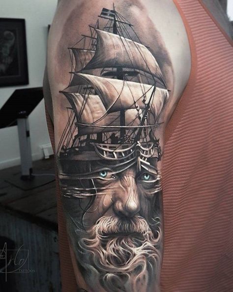 100 Boat Tattoo Designs Nordic Sleeve, Arlo Tattoo, Arlo Dicristina, Odin Tattoo, Boat Tattoo, Poseidon Tattoo, Hyper Realistic Tattoo, Pirate Tattoo, Nautical Tattoo