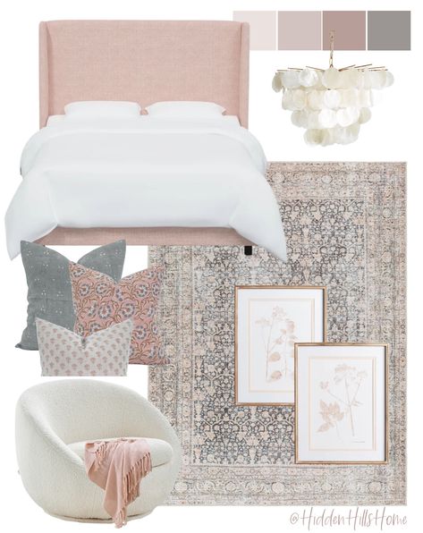 Older Teen Girl Bedroom Ideas, Pink Teen Room Ideas, Gray Upholstered Bedroom Ideas, Pink And Gray Bedroom Ideas, Pink And Blue Girls Bedroom, Girls Room Mood Board, Harp Room, Girls Bedroom Mood Board, Dusty Pink Bedroom Ideas