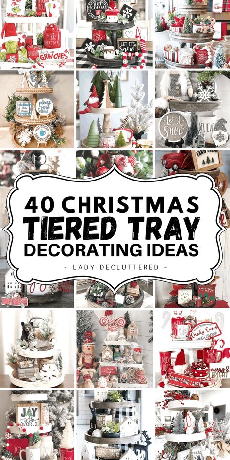 Holiday Tray Decor Centerpieces, 2023 Christmas Ideas, Christmas Vingette Ideas, Christmas Countertop Decor Ideas, Christmas Countertop Decor, Christmas Tiered Tray Ideas, 2 Tier Tray Decor, Christmas Deocr, Bathroom Tiered Tray Decor