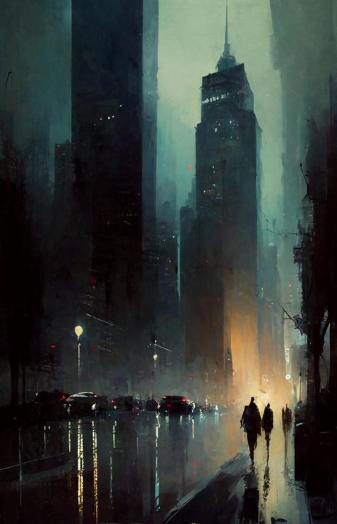 Art Scenery, Street At Night, Piskel Art, City Painting, Cityscape Art, Neo Noir, Cityscape Painting, Cool Wallpapers Art, Ap Art