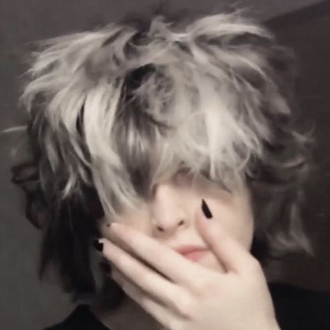 @mvrxder on ig // alt boy fluffy hair alternative grunge wolf cut Fluffy Volume Hair, Grunge Guys Fluffy Hair, Fluffy Hair Covering Eyes, Fishman Oc, White Fluffy Hair, Boy Fluffy Hair, Alt Boy Hair, Hair Covering Eyes, Ftm Haircuts