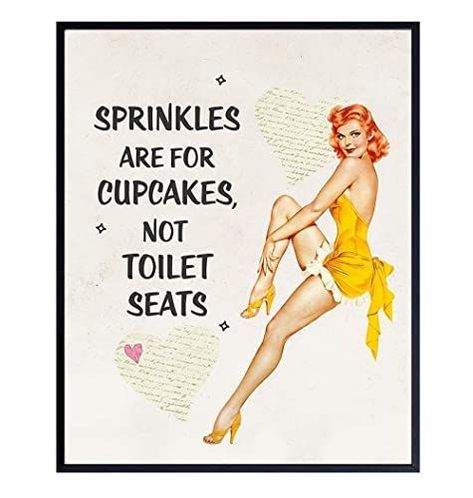 Buy fantastic bathroom wall art from Cheapwallarts.com. 1950s Pinup, Unique Wall Art Decor, Pin Up Posters, Restroom Decor, Girls Bathroom, Unique Gifts For Women, Funny Vintage, Bathroom Humor, Retro Wall Art