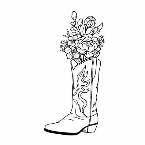 Western Flash, Boot Drawing, Paint N Sip Ideas, Western Sketches, Cowboy Boots Drawing, Flower Colouring Pages, Tattoo Sketch Ideas, Color Coding Notes, Cowboy Boot Tattoo