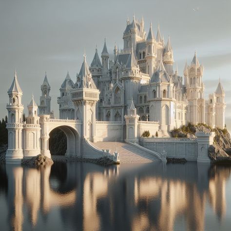 majestic white marble castle, perched atop a picturesque hill. White Castle Aesthetic Exterior, Princess Palace Aesthetic, White Palace Exterior, Fantasy Castles Palaces, Pretty Castles Fairytale, White Marble Castle, Royal Palace Aesthetic Exterior, White Marble Palace, Fantasy Castle Aesthetic Exterior