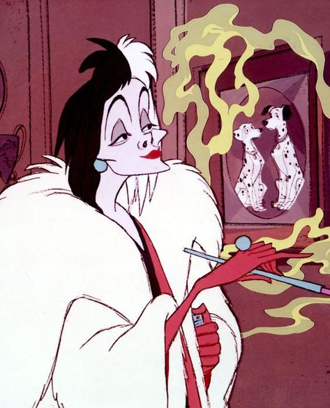 *CRUELLA DE VIL ~ 101 Dalmatians, 1961 Goodbye Cake, Films Disney, Disney Movie Scenes, Evil Disney, Art Geek, Animation Disney, Drawing Cartoon Faces, Cruella Deville, Disney 101 Dalmatians