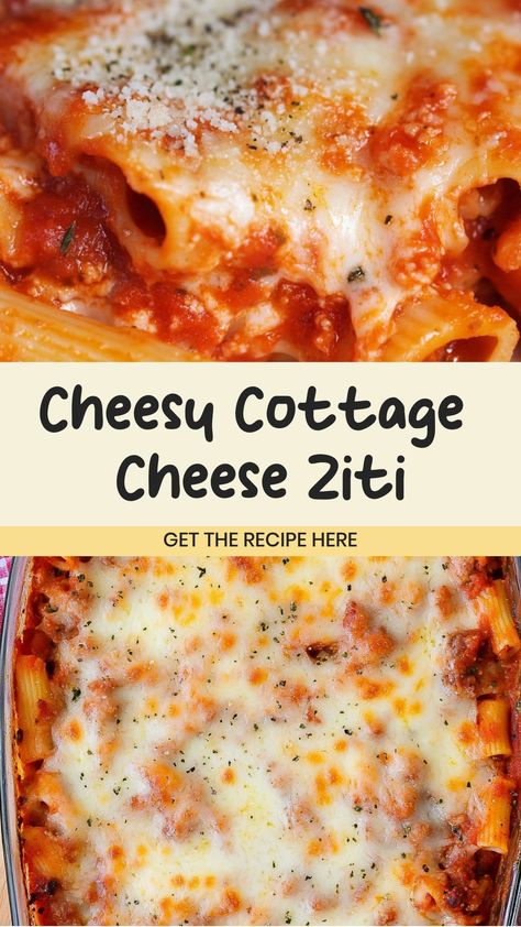 Indulge in a creamy cottage cheese ziti that's perfect for any night of the week. The rich cottage cheese and flavorful ziti pasta create a mouthwatering meal your whole family will love. Ideal for a quick, easy dinner or a new culinary adventure!  Ingredients 8 ounces dry pasta (ziti or preferred type) 1.5 cups favorite sauce 1.5 cups cottage cheese 10 ounces cooked lean protein (ground beef, turkey, or chicken) 1 cup mozzarella cheese 1 large whole egg 1 tablespoon italian seasoning 2 teaspoon Baked Ziti With Ground Beef And Cottage Cheese, Spaghetti Casserole With Cottage Cheese, Baked Ziti With Cottage Cheese Easy, Pasta With Cottage Cheese Baked, Cottage Cheese Italian Recipes, Cottage Cheese And Pasta Recipes, Cottage Cheese Noodle Bake, Ziti Pasta Recipes Ground Beef, Pasta And Cottage Cheese Recipe