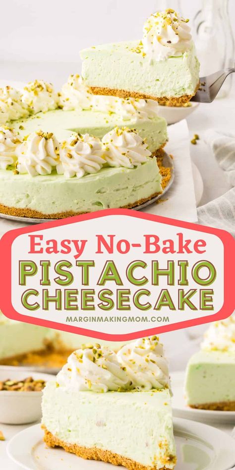 You're going to love this amazing pistachio cheesecake--especially because it's a simple no-bake recipe! Perfect for holiday gatherings, it's a showstopping dessert that tastes amazing. Pistachio Pudding Cream Cheese Dessert, Easy Pistachio Cheesecake Recipe, Pistachio Ricotta Cheesecake, Pistachio No Bake Cheesecake, Easy Pistachio Cheesecake, Pistachio Desserts Easy, Pistachio Cheesecake No Bake, Pistachio Lush Dessert, No Bake Pistachio Cheesecake