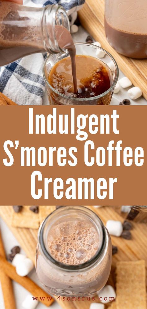 S’mores coffee creamer gives you gourmet coffee shop style taste right at home! No need to spend extra on fancy coffee drinks or store bought creamers when you can make a batch of this chocolate marshmallow goodness and treat yourself anytime. Save this recipe for later! Smores Coffee Creamer, Homemade Flavored Coffee Creamers, Gluten Free Coffee Creamer, Marshmallow Coffee Creamer, S’more Coffee, Best Homemade Coffee Creamer, Homemade Chocolate Coffee Creamer, Homemade Cookies And Cream Coffee Creamer, Canning Coffee Creamer