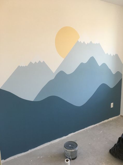 Blue Mountain Nursery Wall, Playroom Mountain Mural, Mountains Accent Wall, Blue Mountain Wall Mural, Wall Paint Mountains, Blue Wall Painting Ideas Bedrooms, Kids Mountain Mural, Blue Mountain Mural, Kids Room Mountain Wall