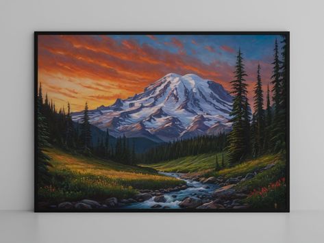 Mt Rainier Washington, Mountain Nature Landscape Wall Art, National Park Oil Painting by RainValleyPrints on Etsy Mt Rainier Painting, Washington Mountains, Geometric Tattoos, Mountain Nature, Mt Rainier, Beautiful Landscape Wallpaper, Landscape Wall, Painting Art Projects, Landscape Walls