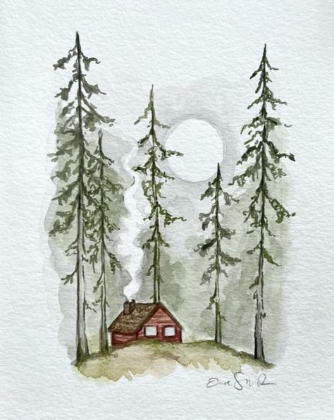 Folklore Watercolor Painting, Mountain Scene Watercolor, Simple Nature Watercolor, Camping Watercolor Painting, Watercolor Inspo Aesthetic, Watercolor Landscape Art, Mini Christmas Watercolor Paintings, Creative Watercolor Paintings Ideas, Fun Watercolor Paintings