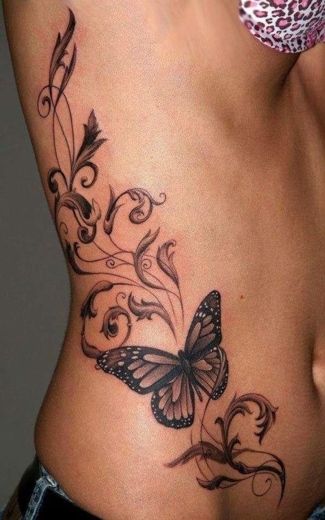 Tattoos For Females, Stomach Tattoos Women, Tattoo Diy, Waist Tattoos, Butterfly Tattoos For Women, Vine Tattoos, Stomach Tattoos, Side Tattoos, Diy Tattoo