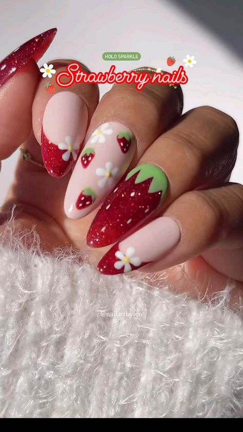 Jelly Strawberry Nails, Strawberry Nail Art Design, Strawberry Design Nails, Acrylic Nails Strawberry, Strawberry Jelly Nails, Gel Nails Strawberry, Nails Jelly Polish, Strawberry Acrylic Nails, Nail Strawberry