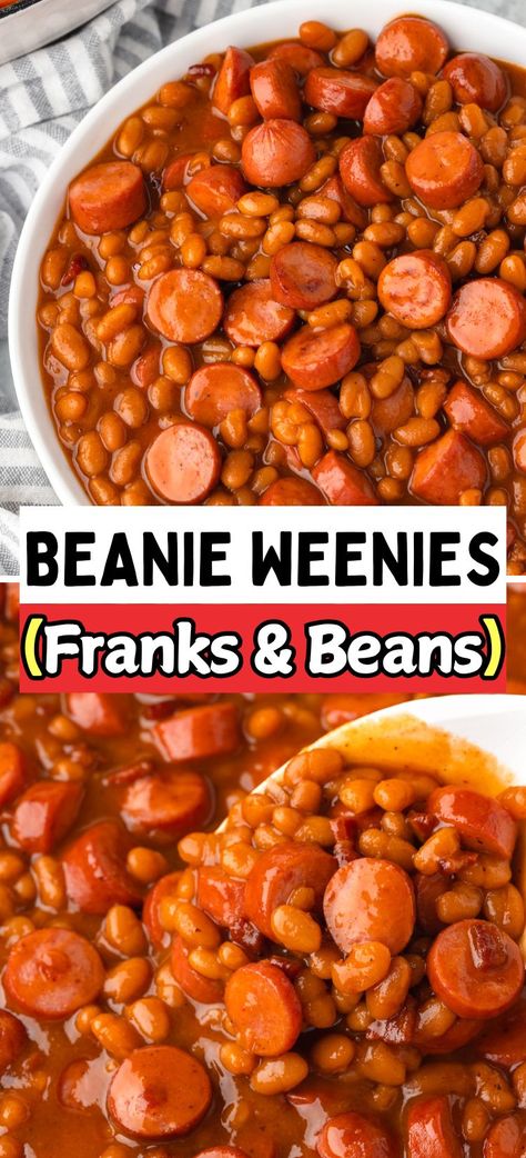 This easy, one-pot homemade beanie weenies recipe combines hot dogs, pork and beans, and a sweet-savory sauce. Ready in just 30 minutes for a quick, family-friendly meal! Beans And Weenies Recipes Crock Pot, Crockpot Chili Hot Dogs, Barbecue Weenies Crockpot, Crockpot Beanie Weenies, Pork And Beans And Hot Dogs, Pork N Beans And Weiners, Beenie Weenie Crockpot, Wieners And Beans, Homemade Beanie Weenies