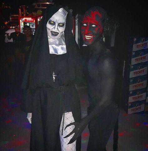 50+ DIY Halloween Couples Costumes to help you Own the Spotlight | Hike n Dip Exorcist Couple Costume, Insidious Halloween Costume, Halloween Costumes Scary Horror Duo, Duo Horror Halloween Costumes, Horror Custome Halloween, Insidious Costume, Horror Duo Costumes, Terrifying Halloween Costume Ideas, Creepy Couples Halloween Costumes