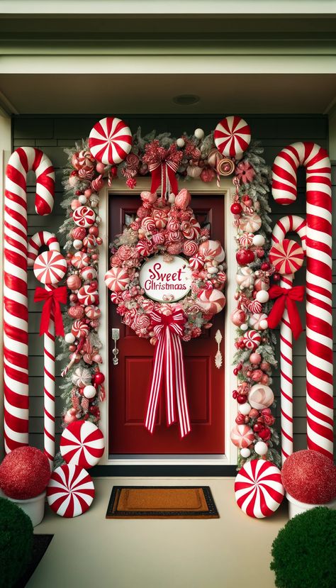 🎄 21 Stunning Christmas Door Decorating Ideas to Wow Your Neighbors 🎅✨ Candy Cane Entrance, Candy Cane Theme Decorations, Candy Cane Lane Christmas Decor, Christmas Door Decorating Ideas, Peppermint Ornaments, Candy Themed Christmas, Themed Christmas Decorations, Christmas Door Decorating, Door Decorating Ideas