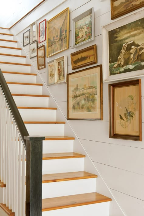 15 Ways with Shiplap Stair Wall Ideas, Stairway Gallery Wall, Stairway Gallery, Wall Staircase, Stair Walls, Picture Arrangements, Stair Wall, Ship Lap, Rustic Backdrop