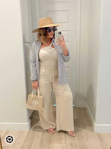 Mid Size Linen Pants Outfit, Plus Linen Pants Outfit, Cancun Plus Size Outfits, Plus Size Linen Outfits, Linen Wide Leg Pants Outfits, Wide Leg Linen Pants Outfit Summer, Linen Pants Outfit Plus Size, Resort Wear For Women Plus Size, Plus Size Resort Wear Outfits