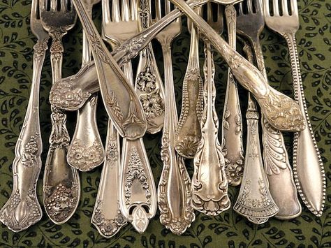 Food Photography Props - Antique Flatware Forks. These Vintage Silver Plated pieces are craft grade with plenty of wear, plate loss and patina as shown. Please use Etsys excellent Zoom feature to see Photo Closeups of our hi-res photos. All these forks are true antiques (over 100 years old). Choice Cutlery Photography, Antique Flatware, Silverware Crafts, Forks Design, Antique Spoons, Food Photography Props, Silverplate Flatware, Antique Silverware, Vintage Cutlery