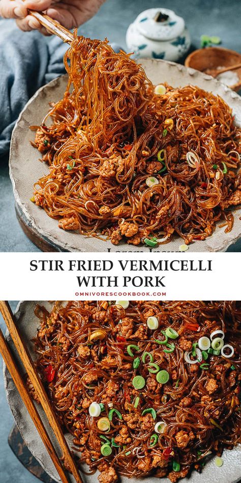 Ma Yi Shang Shu, or stir fried vermicelli with pork, is a perfect quick weekday dinner dish that is so flavorful yet easy to put together. A Sichuan classic, it features tender mung bean vermicelli noodles braised in a savory aromatic sauce with ground pork, spiced up with chili bean paste. All you need is 20 minutes to put it together - top it on a bowl of steamed rice for a great dinner! {Gluten-Free Adaptable} Chili Bean, Vermicelli Recipes, Ground Pork Recipes, Asian Dinners, Weekday Dinner, Vermicelli Noodles, Mung Bean, Steamed Rice, Bean Paste