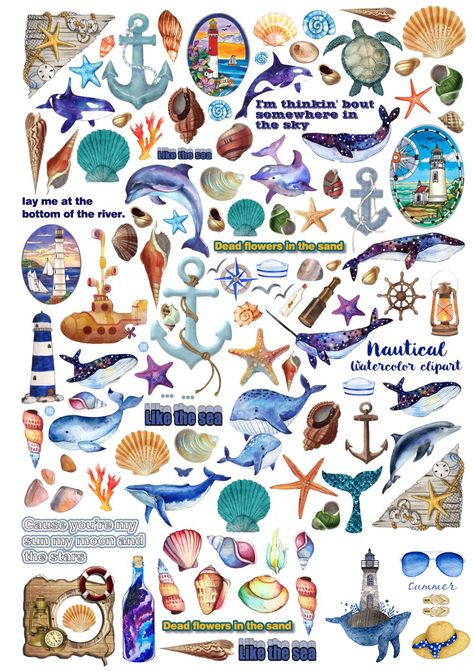 Vintage Sea Theme Bullet Journal DIY Stickers Sea Journal, Journal Diy, Vintage Sea, Bullet Journal Diy, Sea Theme, Vintage Nautical, Junk Journaling, Sea And Ocean, Diy Stickers