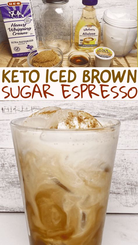 Keto Iced Brown Sugar Espresso Keto Starbucks Drinks At Home, Healthy Expresso Recipes, Low Carb Espresso Drinks, Keto Shaken Espresso Starbucks, Keto Nespresso Vertuo Recipes, Keto Brown Sugar Shaken Espresso, Keto Espresso Drinks, Sugar Free Brown Sugar Syrup, Keto Nespresso Recipes